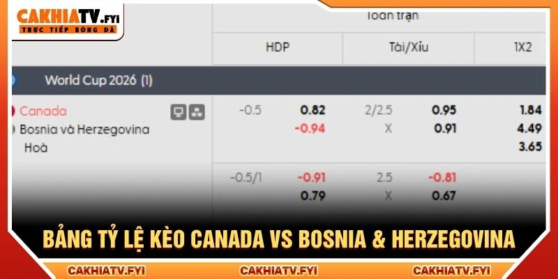 Bảng tỷ lệ kèo Canada vs Bosnia & Herzegovina