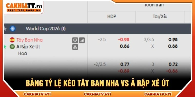 Bảng tỷ lệ kèo Tây Ban Nha vs Ả Rập Xê Út